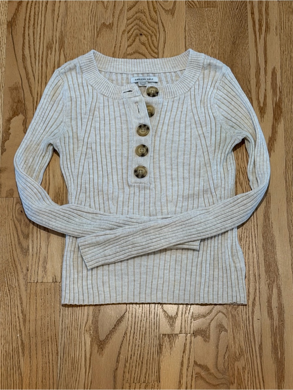 American Eagle Outfitters Ribbed Henley Long-Sleeve Top - Cream